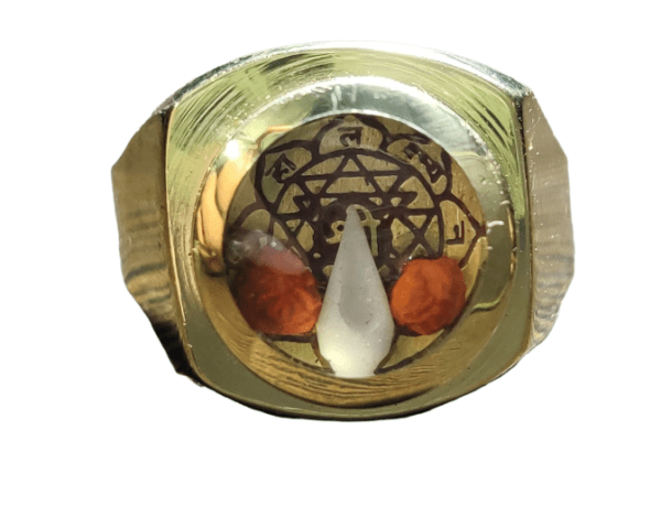 Ashtadhatu(अष्टधातु) High Quality Shriyantra(श्रीयंत्र)Ring With Double Rudraksh(रुद्राक्ष), Shankh(शंख) And Mercury(पारा)