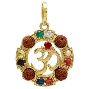Round Shape Om Navratna(नवरत्न) Pendant With Rudraksh(रुद्राक्ष) In Brass