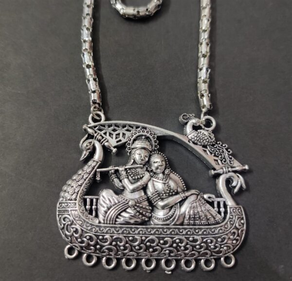 High Quality German Silver Zinc Alloy Oxidized Radha Krishna Pendant With Chain | Size 43x53 mm