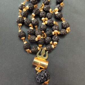 Golden Cap Black Rudraksha Mala | 36 Beads | Bead Size 8 mm