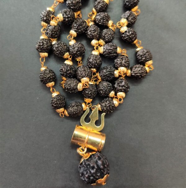 Golden Cap Black Rudraksha Mala | 36 Beads | Bead Size 8 mm