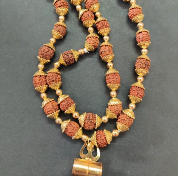 Golden Cap Rudraksha Mala With Trishul Pendant | 33 Beads | Bead Size 10 mm - Image 2