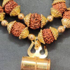 Golden Cap Rudraksha Mala With Trishul Pendant | 33 Beads | Bead Size 10 mm