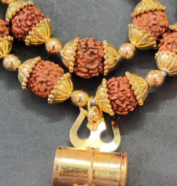 Golden Cap Rudraksha Mala With Trishul Pendant | 33 Beads | Bead Size 10 mm