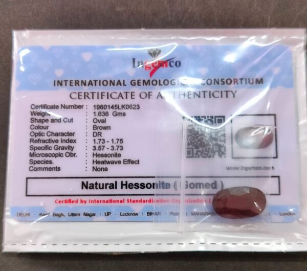 Certified Gomed Hessonite Stone With Certificate(सर्टिफाइड गोमेद स्टोन) | Weight- 13.50 Ratti - Image 2