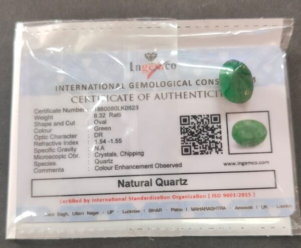 Certified Natural Quartz Stone With Certificate | Weight- 8.32 Ratti - Image 2