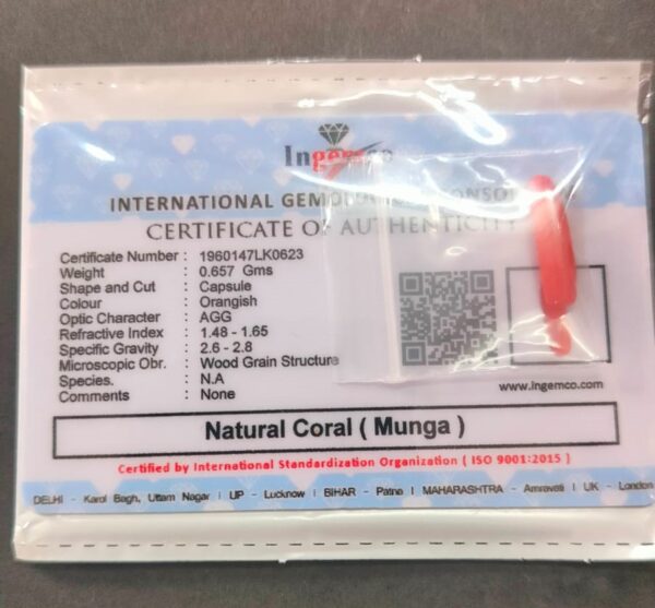 Certified Munga Coral Stone With Certificate(सर्टिफाइड मूंगा स्टोन) | Weight- 5.43 Ratti - Image 2