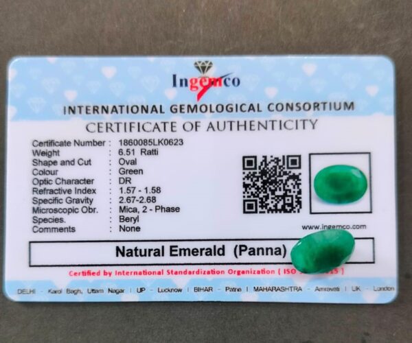 Certified Panna Emerald Stone With Certificate(सर्टिफाइड पन्ना स्टोन) | Weight- 6.51 Ratti - Image 2