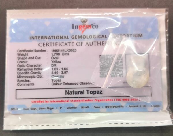 Certified Natural Topaz Stone With Certificate(सर्टिफाइड टोपाज़  स्टोन) | Weight- 14.70 Ratti - Image 2