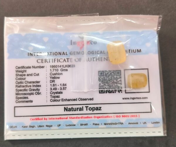 Certified Natural Topaz Stone With Certificate(सर्टिफाइड टोपाज़  स्टोन) | Weight- 14.0 Ratti - Image 2