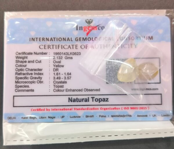 Certified Natural Topaz Stone With Certificate(सर्टिफाइड टोपाज़  स्टोन) | Weight- 17.50 Ratti - Image 2