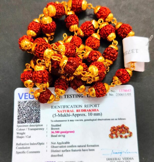 Certified High Quality 5 Mukhi Rudraksha Brass Mala With Certificate(सर्टिफाइड रुद्राक्ष ब्रास माला), Bead Size 10mm
