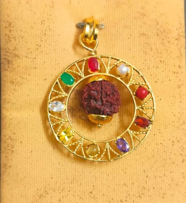 High Quality Big Size Pachdhatu Navratan Locket With Rudraksha(पंचधातु नवरत्न लॉकेट), Size- 5x4 cm